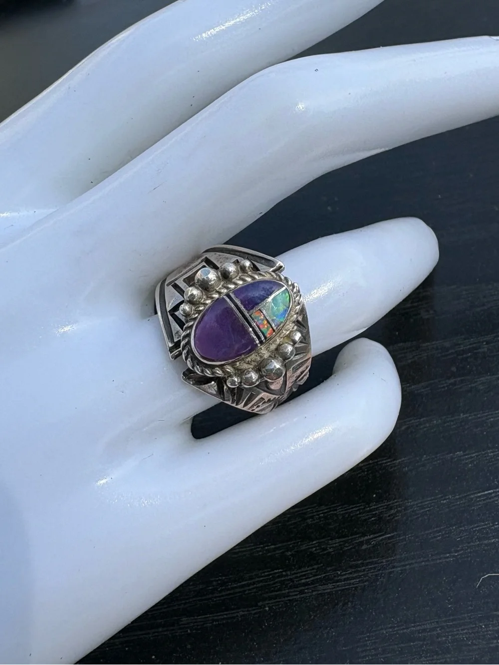LP (Loren Philips) Native American Sterling Silver Purple Mosaic Ring - Size 8